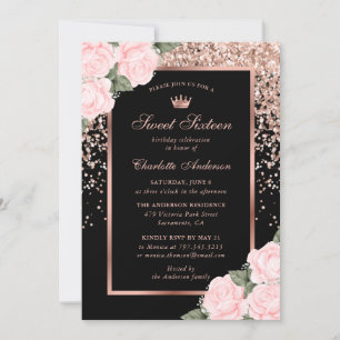 Elegant Black Rose Gold Pink Sweet 16 Birthday Invitation