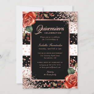 Elegant Black Rose Gold Red Floral Quinceañera Invitation