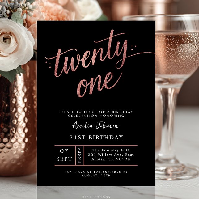 Elegant Black & Rose Gold Script 21st Birthday Invitation (rose gold twenty one birthday invite)