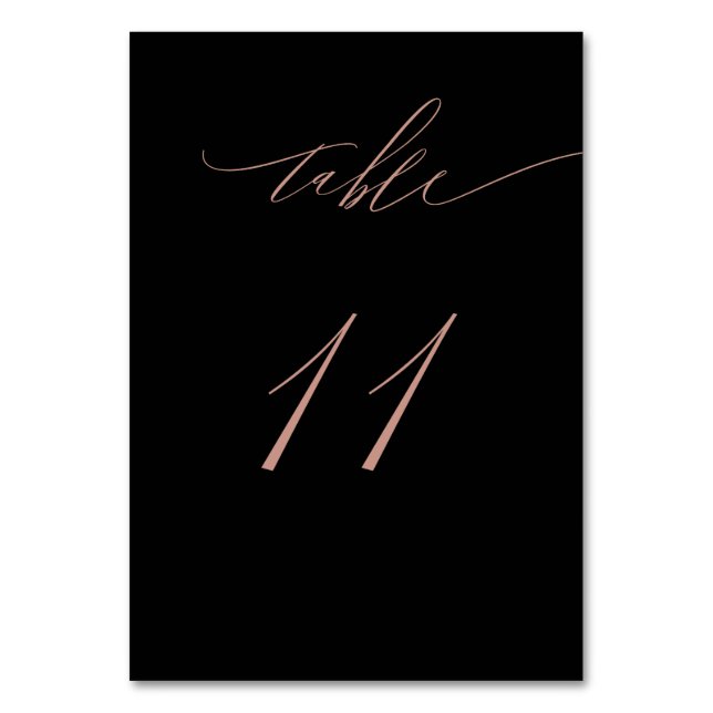 Elegant Black Rose Gold Script No 11 Wedding Table Number (Front)