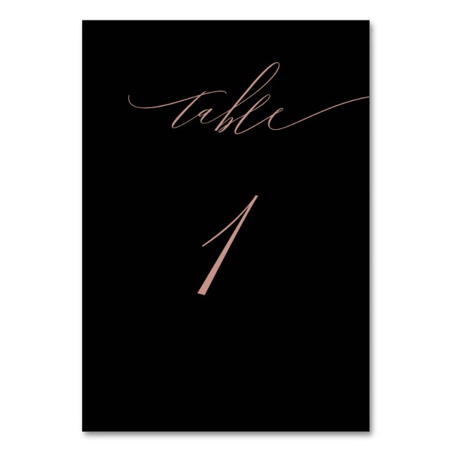 Elegant Black Rose Gold Script No 1 Wedding Table  Number (Front)