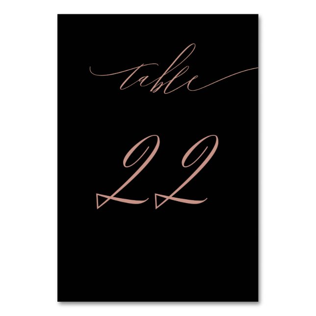Elegant Black Rose Gold Script No 22 Wedding Table Number (Front)