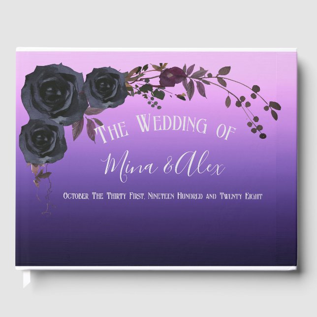 Elegant Black Rose Purple Photo Wedding  Guest Book (Front)
