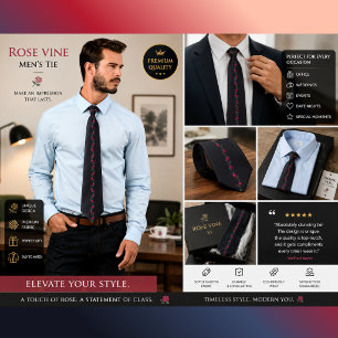 Elegant Black Rose Tie Red Pink Floral Vine Men'