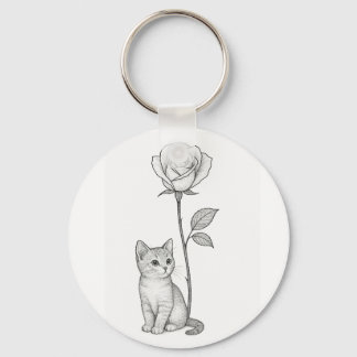 Elegant Black Rose with Little Kitten Key Ring