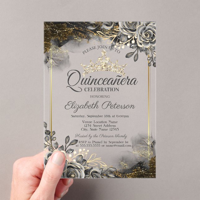 Elegant Black Roses Gothic Quinceañera  Acrylic Invitations (Insitu (Handheld))