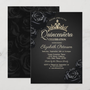 Elegant Black Roses Gothic Quinceañera Invitation