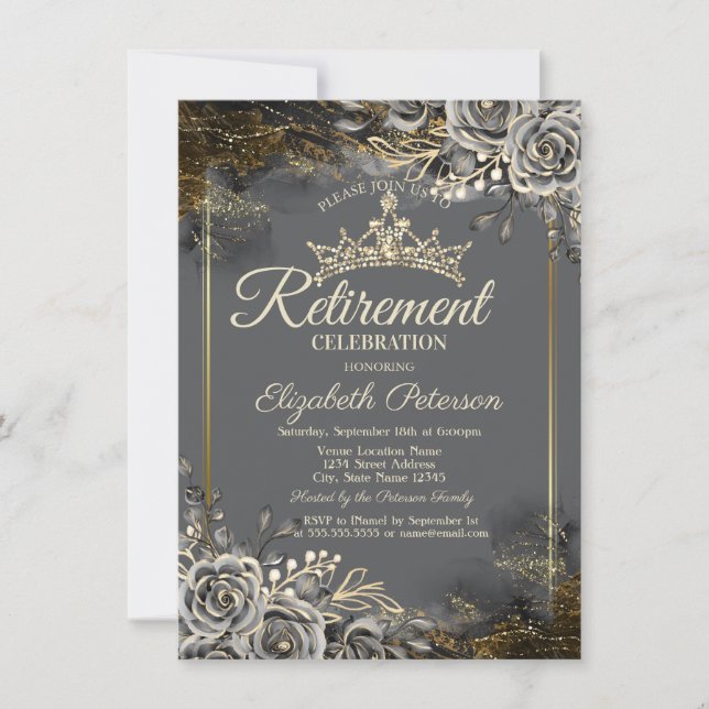 Elegant Black Roses Grey Retirement Invitation (Front)