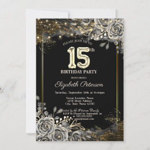 Elegant Black Roses,Lights Black 15th Birthday Invitation