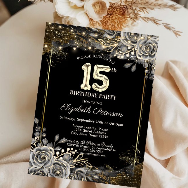 Elegant Black Roses,Lights Black 15th Birthday Invitation (Creator Uploaded)