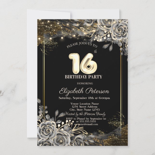 Elegant Black Roses,Lights Black 16th Birthday  Invitation (Front)