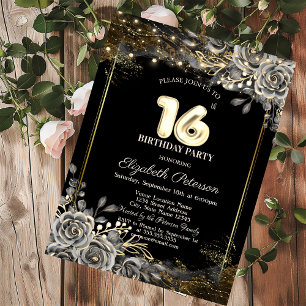 Elegant Black Roses,Lights Black 16th Birthday  Invitation