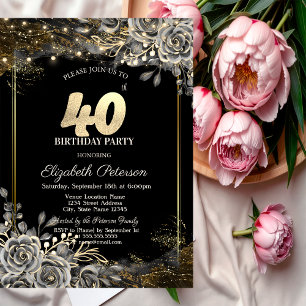 Elegant Black Roses, Lights Black 40th Birthday  Invitation