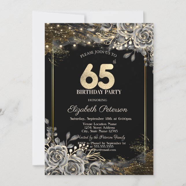Elegant Black Roses,Lights Black 65th Birthday  Invitation (Front)