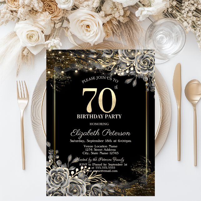 Elegant Black Roses,Lights Black 70th Birthday  Invitation (Creator Uploaded)
