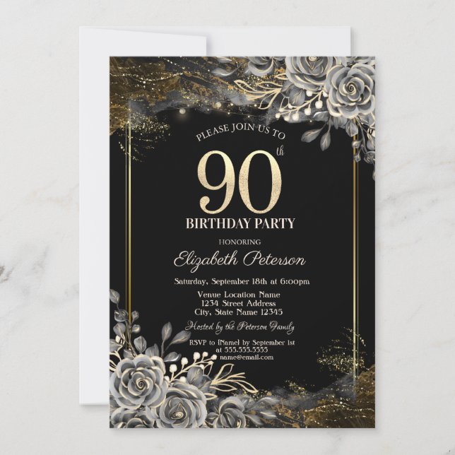 Elegant Black Roses, Lights Black 90th Birthday Invitation (Front)
