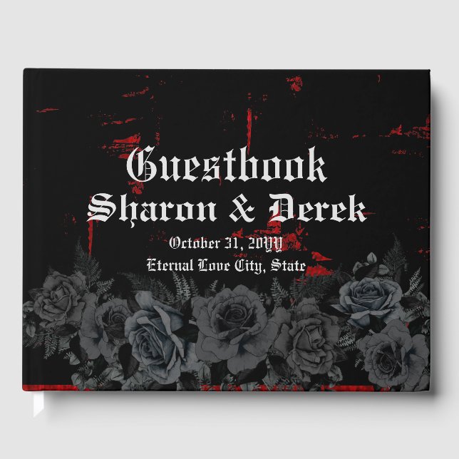 Elegant Black Roses Red Black Grunge Wedding  Guest Book (Front)