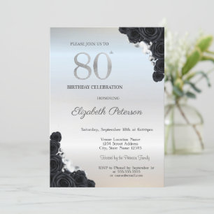 Elegant Black Roses Silver 80th Birthday  Invitation