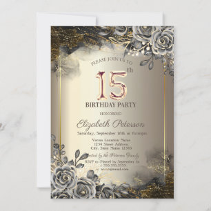 Elegant Black Roses,String Lights 15th Birthday Invitation