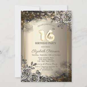 Elegant Black Roses,String Lights 16th Birthday Invitation