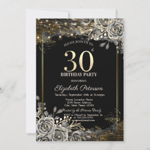 Elegant Black Roses,String Lights 30th Birthday Invitation
