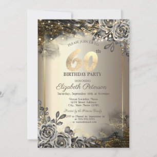 Elegant Black Roses,String Lights 60th Birthday Invitation