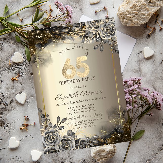 Elegant Black Roses,String Lights 65th Birthday  Invitation (Creator Uploaded)