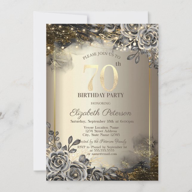 Elegant Black Roses,String Lights 70th Birthday  Invitation (Front)