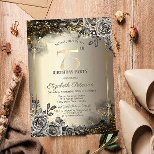 Elegant Black Roses,String Lights 75th Birthday Invitation
