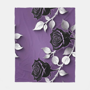 Elegant Black Roses With Silver Leaves Fleece Blanket