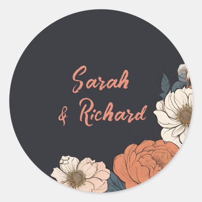 Elegant Black Round Floral Wedding Envelope Sealer Classic Round Sticker (Front)