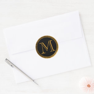 Elegant Black Round Gold Foil Framed Monogram Classic Round Sticker