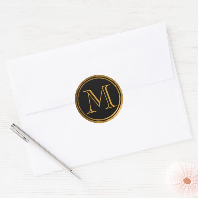 Elegant Black Round Gold Foil Framed Monogram Classic Round Sticker (Envelope)