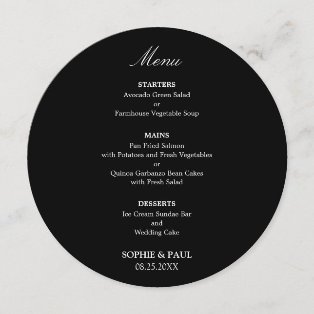 Elegant Black Round Wedding Menu (Front)