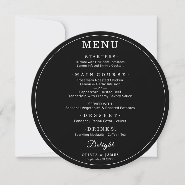 Elegant Black Round Wedding Simple Modern Menu  (Front)