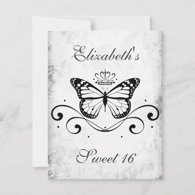 Elegant black Royal Butterfly sweet 16 Invitation (Front)
