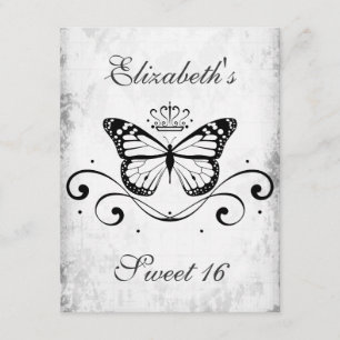 Elegant black Royal Butterfly sweet 16 Invitation