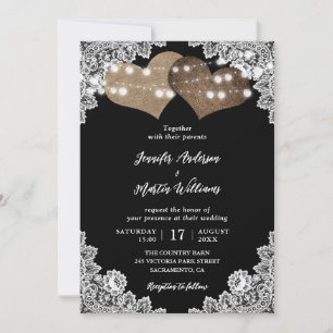 Elegant Black Rustic Hearts Floral Lace Wedding Invitation