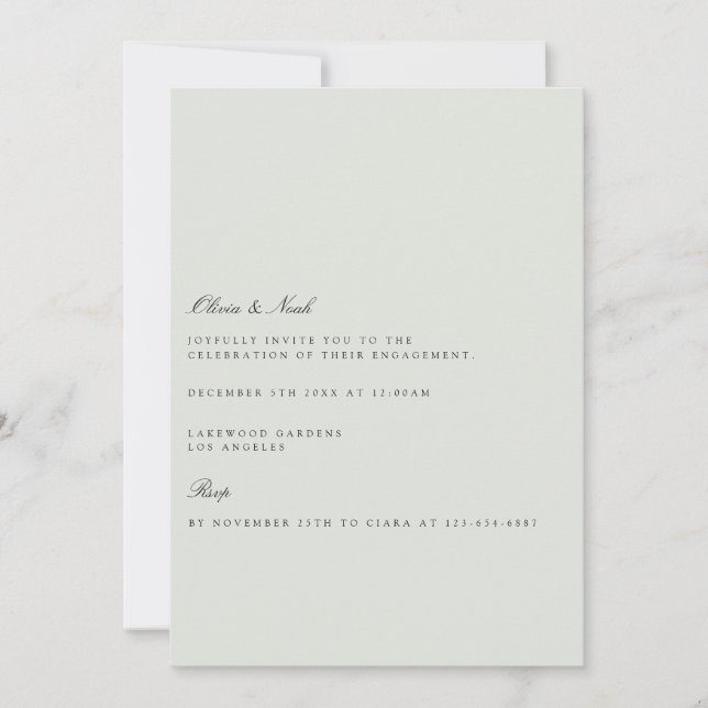 Elegant Black & Sage Green Engagement Invitation (Front)