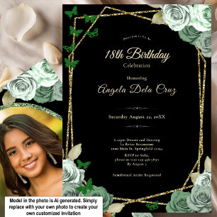 Elegant Black Sage Green Rose 18th Birthday Debut Invitation