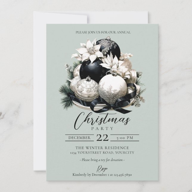 Elegant black sage ivory Christmas party Invitation (Front)
