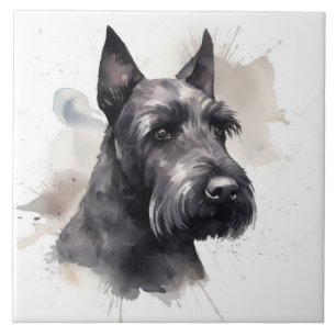 Elegant Black Scottish Terrier Watercolor Portrait Tile