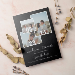 Elegant Black Script 3 Photo Wedding Save The Date Magnetic Invitation