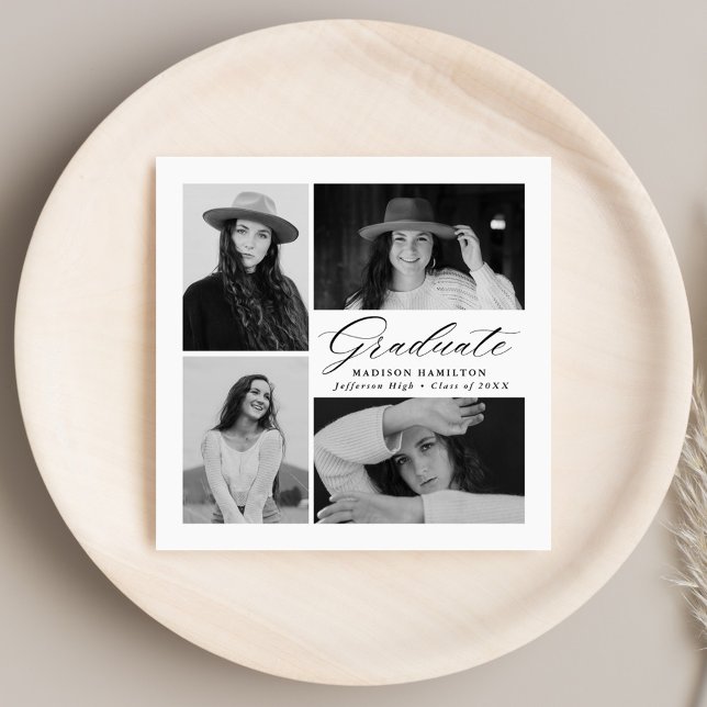 Elegant Black Script 4 Photo Graduation Napkin (Creator Uploaded)
