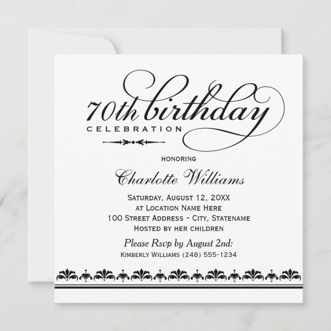 Elegant Black Script 70th Birthday Celebration Invitation (Front)