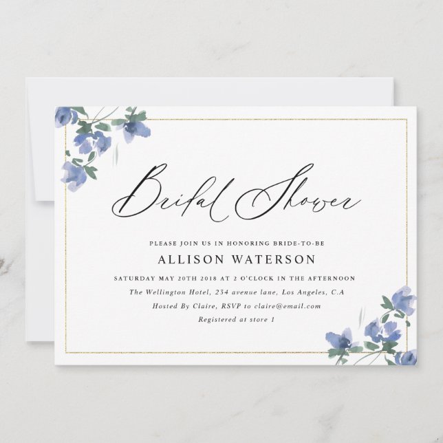 elegant black script blue floral bridal shower invitation (Front)