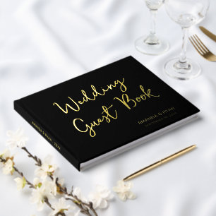 Elegant Black Script Bride Groom Wedding  Guest Book