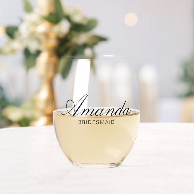 Elegant Black Script Bridesmaid Wedding Favour Stemless Wine Glass (Insitu (Wedding))