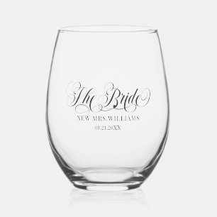 Elegant Black Script Calligraphy- The Bride Stemless Wine Glass