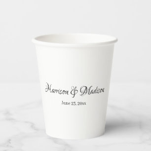 Elegant black script couple name date Wedding Paper Cups
